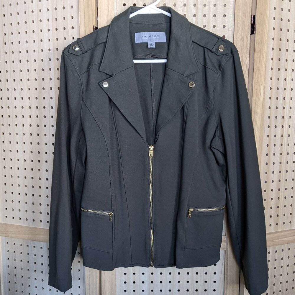 Andrew Marc khaki green jacket with gold accents, fitted, stretchy, flattering